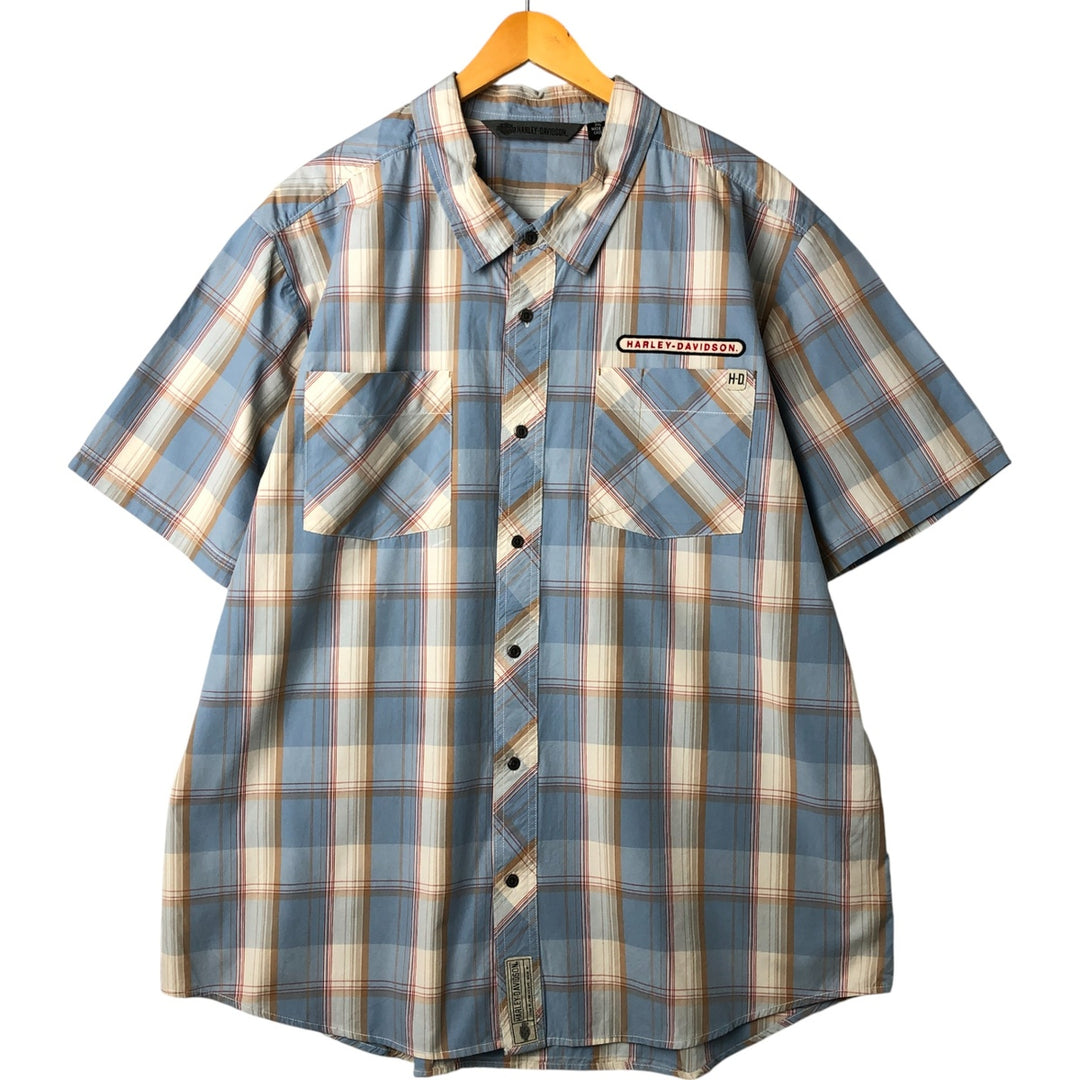 Harley-Davidson Check Pattern Hidden Button Down Short Sleeve Work Shirt Men's XXL cotton blue type Vintage Second Hand