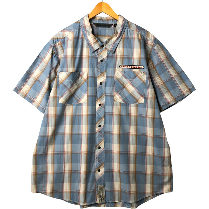 Harley-Davidson Check Pattern Hidden Button Down Short Sleeve Work Shirt Men's XXL cotton blue type Vintage Second Hand