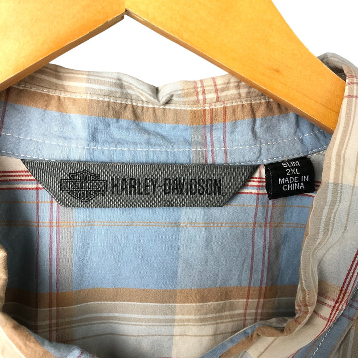 Harley-Davidson Check Pattern Hidden Button Down Short Sleeve Work Shirt Men's XXL cotton blue type Vintage Second Hand