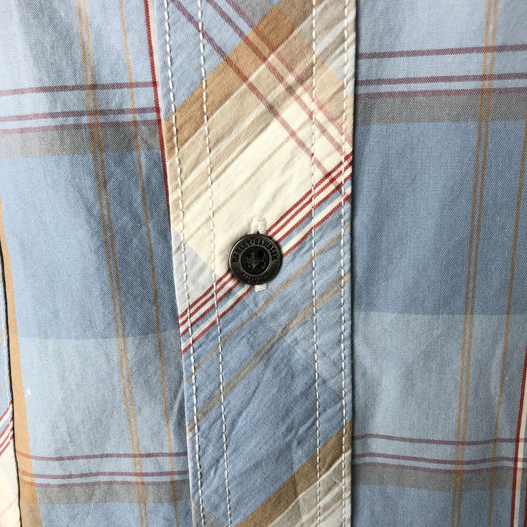 Harley-Davidson Check Pattern Hidden Button Down Short Sleeve Work Shirt Men's XXL cotton blue type Vintage Second Hand