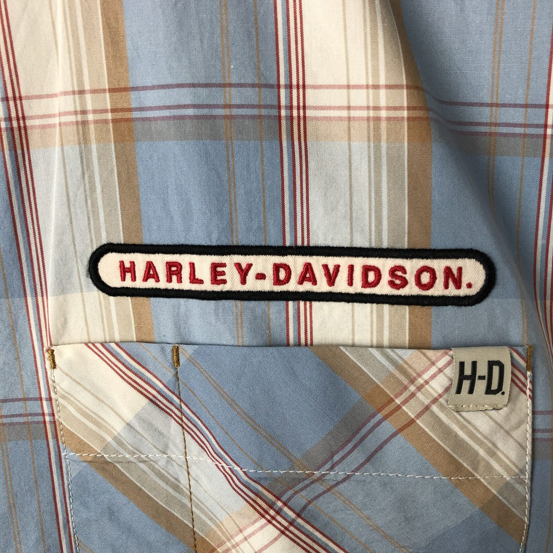 Harley-Davidson Check Pattern Hidden Button Down Short Sleeve Work Shirt Men's XXL cotton blue type Vintage Second Hand