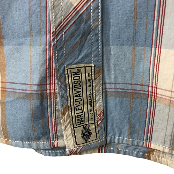 Harley-Davidson Check Pattern Hidden Button Down Short Sleeve Work Shirt Men's XXL cotton blue type Vintage Second Hand