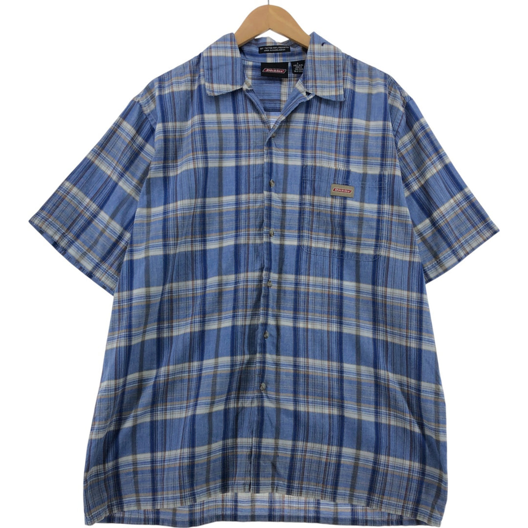 Dickies Check Pattern Open Collar Short Sleeve Work Shirt Box Shirt Men's L size cotton blue type Vintage Second Hand