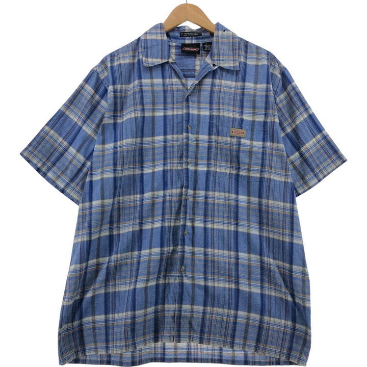 Dickies Check Pattern Open Collar Short Sleeve Work Shirt Box Shirt Men's L size cotton blue type Vintage Second Hand