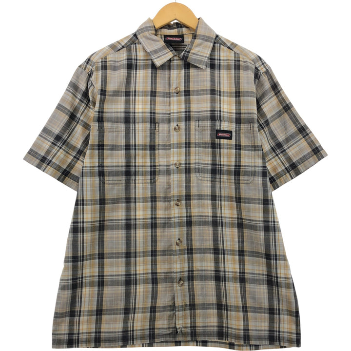 Dickies Check Pattern Open Collar Short Sleeve Work Shirt Box Shirt Men's L size unclear gray type Vintage Second Hand