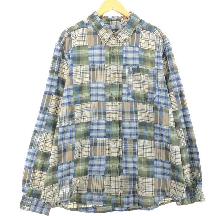 Eddie Bauer Classic Fit Patchwork Short Sleeve Button Down Check Shirt Men's XL cotton Khaki type sage green Vintage Second Hand