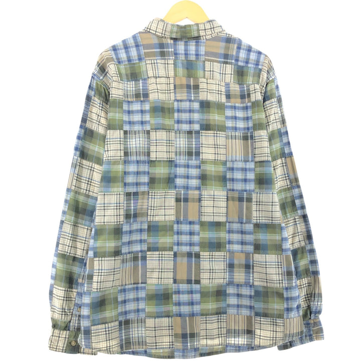 Eddie Bauer Classic Fit Patchwork Short Sleeve Button Down Check Shirt Men's XL cotton Khaki type sage green Vintage Second Hand