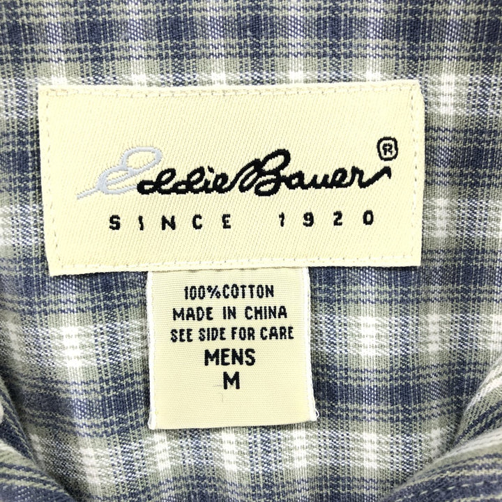 00'S Eddie Bauer short sleeve button down check shirt, men's size M cotton Khaki type sage green Vintage Second Hand