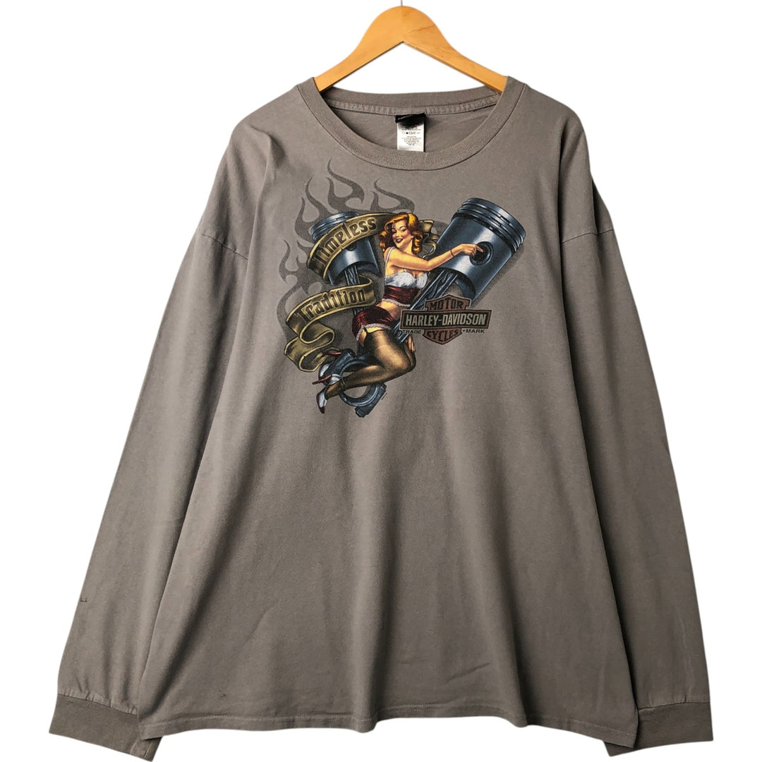 Big size 00'S Harley-Davidson Pin-up Girl long T-shirt, made in the USA, men's XXXL equivalent cotton gray type Vintage Second Hand