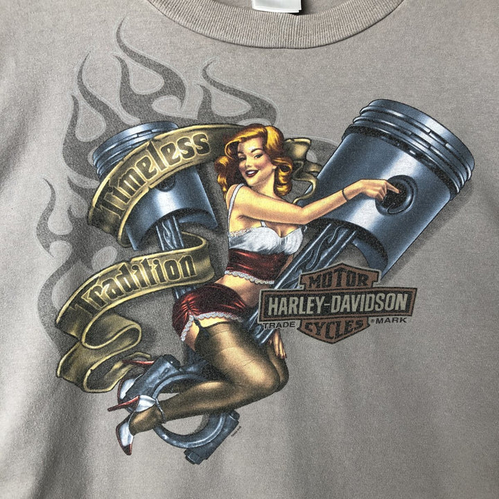 Big size 00'S Harley-Davidson Pin-up Girl long T-shirt, made in the USA, men's XXXL equivalent cotton gray type Vintage Second Hand