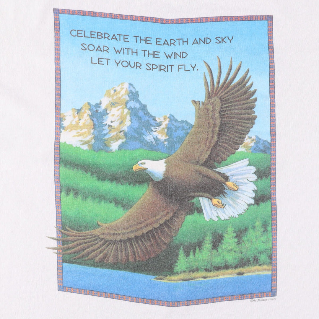 90'S HUMAN-I-TEES Eagle Pattern Animal T-shirt Made in USA Men's XL Vintage cotton white type Vintage Second Hand