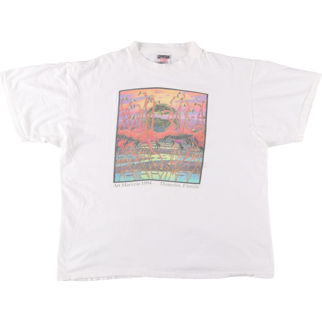 90'S ONEITA Flamingo Pattern Animal T-shirt, Men's XL, Vintage cotton white type Vintage Second Hand