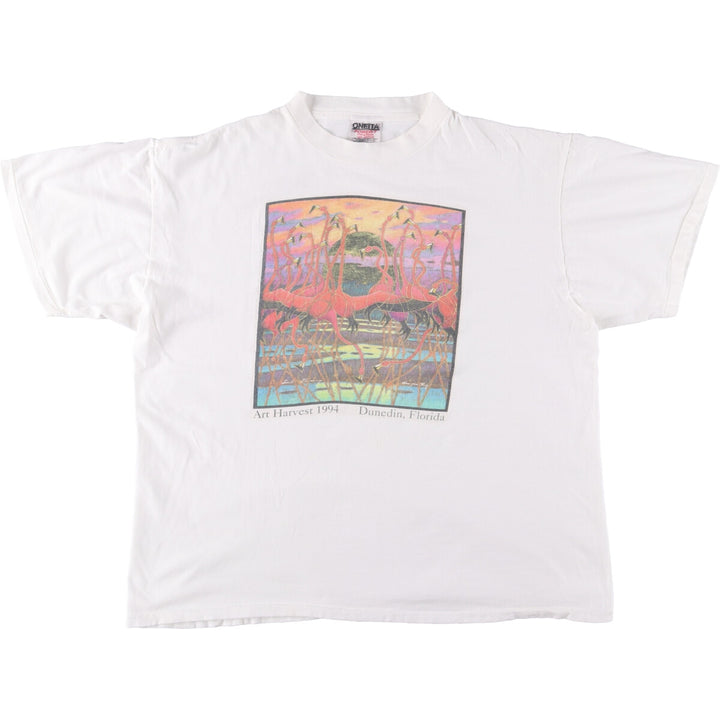 90'S ONEITA Flamingo Pattern Animal T-shirt, Men's XL, Vintage cotton white type Vintage Second Hand