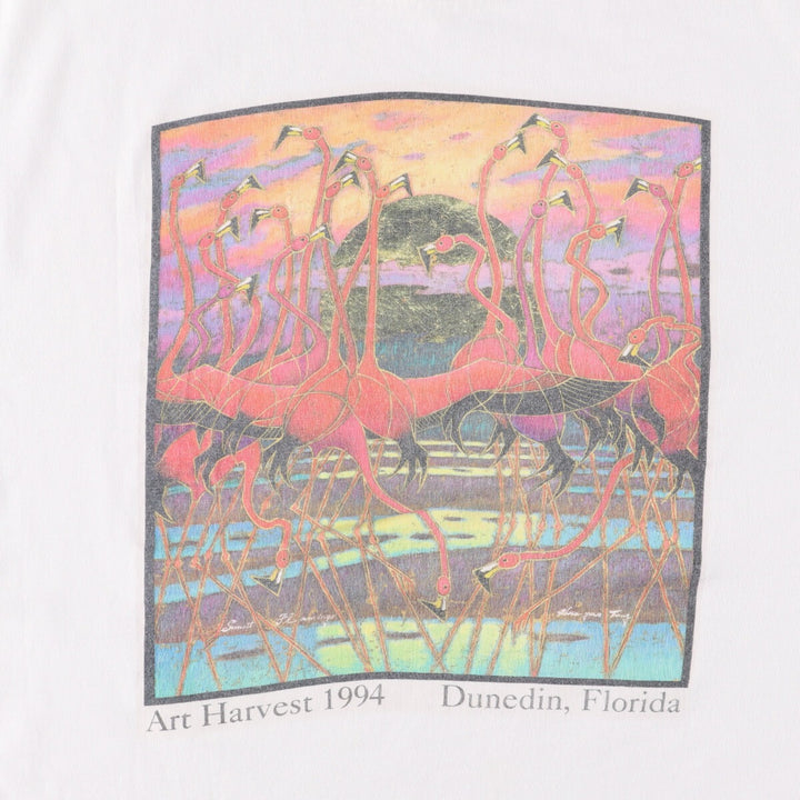90'S ONEITA Flamingo Pattern Animal T-shirt, Men's XL, Vintage cotton white type Vintage Second Hand