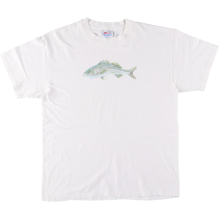 00'S Hanes BEEFY-T Fish Pattern Animal T-shirt Men's L size cotton white type Vintage Second Hand