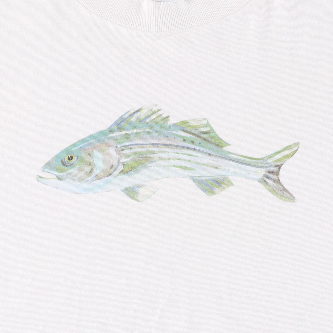 00'S Hanes BEEFY-T Fish Pattern Animal T-shirt Men's L size cotton white type Vintage Second Hand