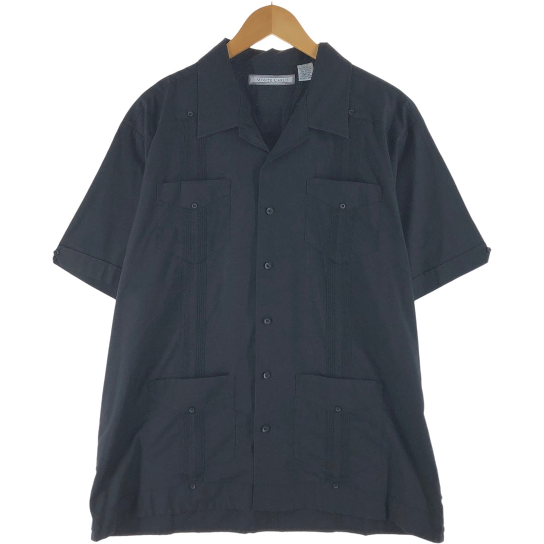 MONTE CARLO Short Sleeve Open Collar Mexican Shirt Cuban Shirt Box Shirt Men's XL polyester black type Vintage Second Hand