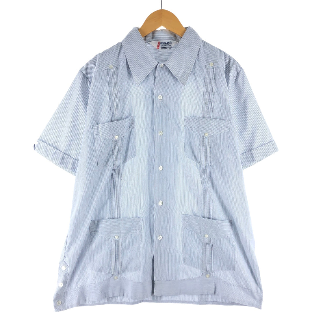90'S ROMANI Stripe Pattern Short Sleeve Cuban Shirt Box Shirt Men's XL polyester white type Vintage Second Hand