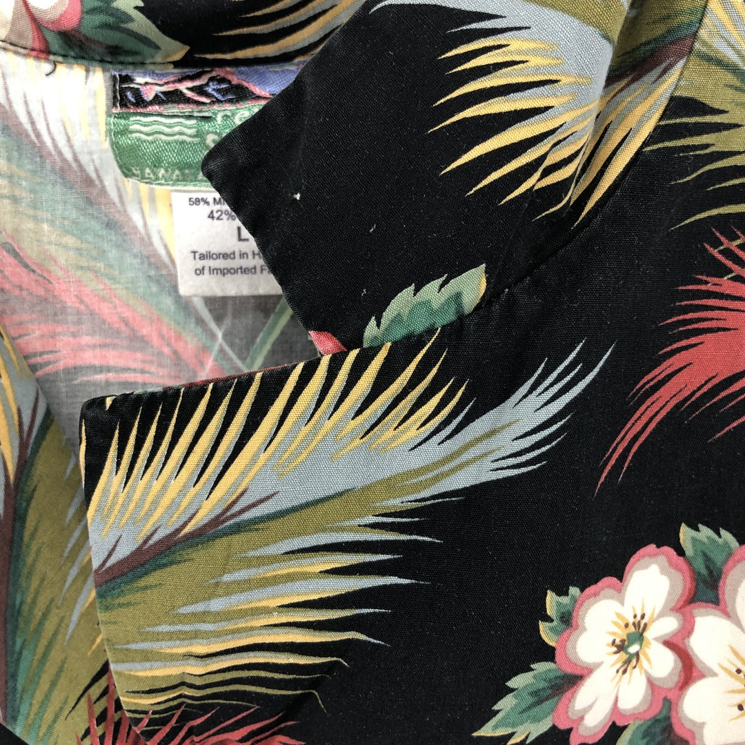 80s-90'S Reyn Spooner Diamond Head Tag All-Over Pattern Open Collar Hawaiian Aloha Shirt Women's L Size Rayon black type Vintage Second Hand