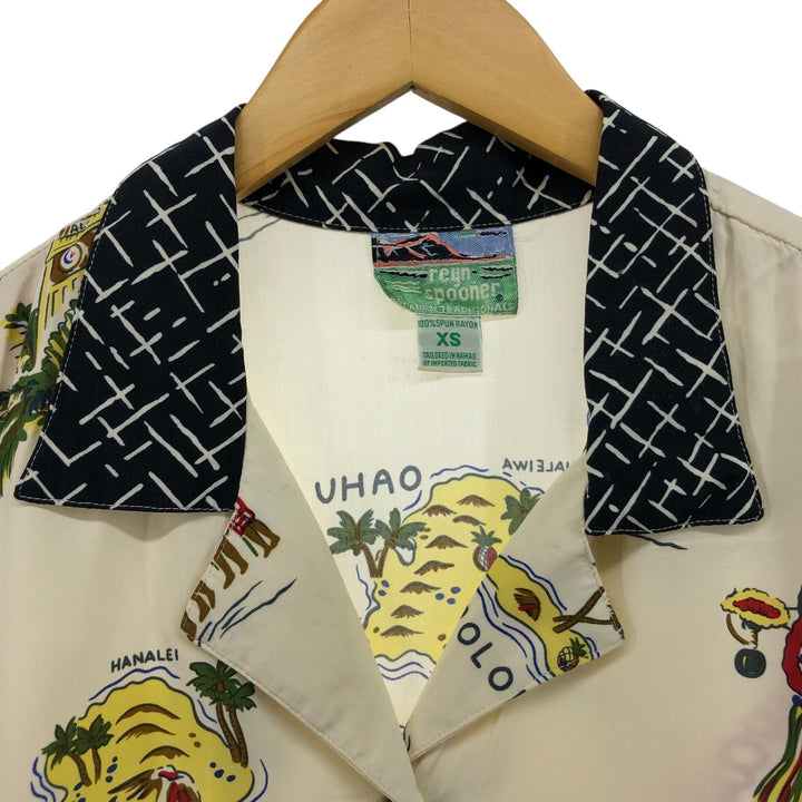 80s-90'S Reyn Spooner Diamond Head Tag All-Over Rayon Hawaiian Aloha Shirt Women's XS Size Rayon pale white type Vintage Second Hand