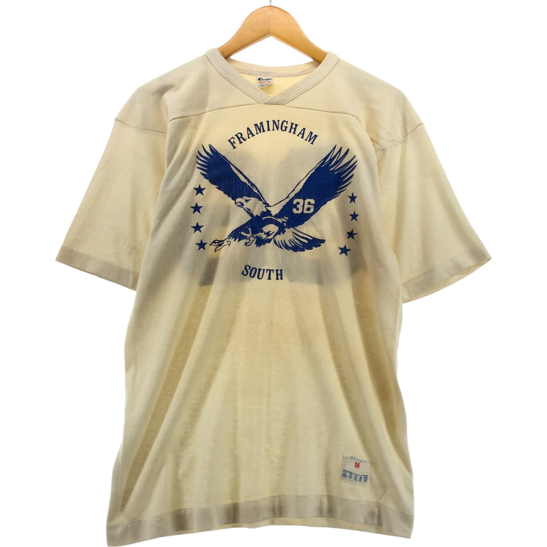 80'S Champion Tricot Tag Eagle Pattern V-neck Football T-shirt Made in USA Men's M size Vintage cotton unbleached Vintage Second Hand
