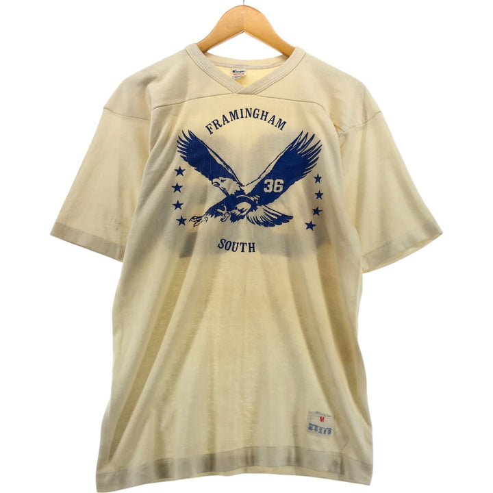 80'S Champion Tricot Tag Eagle Pattern V-neck Football T-shirt Made in USA Men's M size Vintage cotton unbleached Vintage Second Hand