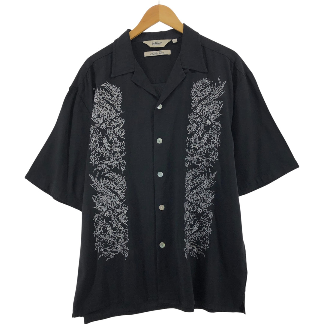 Da VINCI Dragon Pattern Short Sleeve Open Collar Cotton Shirt Box Shirt Men's XL Rayon black type Vintage Second Hand