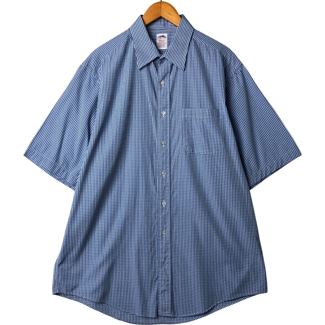80s-90'S Brooks Brothers MAKERS Gingham Check Short Sleeve Cotton Check Shirt Made in USA Men's XL cotton Blue type light blue Vintage Second Hand
