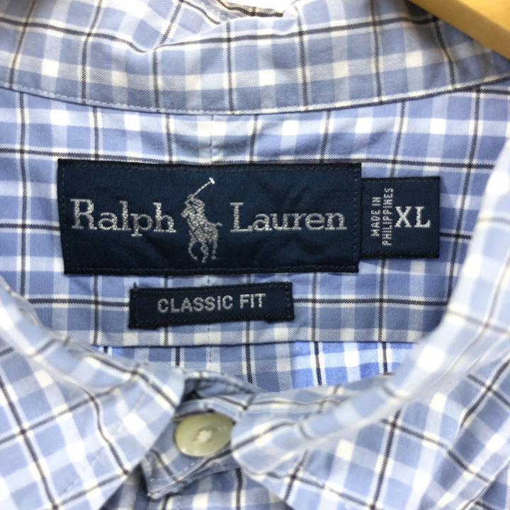 Ralph Lauren Classic Fit Check Pattern Short Sleeve Button Down Check Shirt Men's XL cotton Blue type light blue Vintage Second Hand