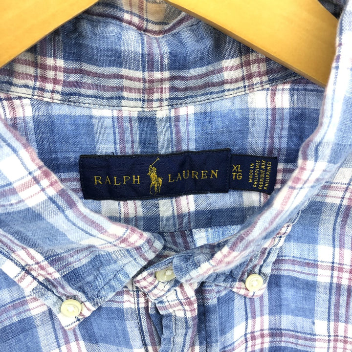 Ralph Lauren Check Pattern Short Sleeve Linen Shirt Men's XL linen blue type Vintage Second Hand