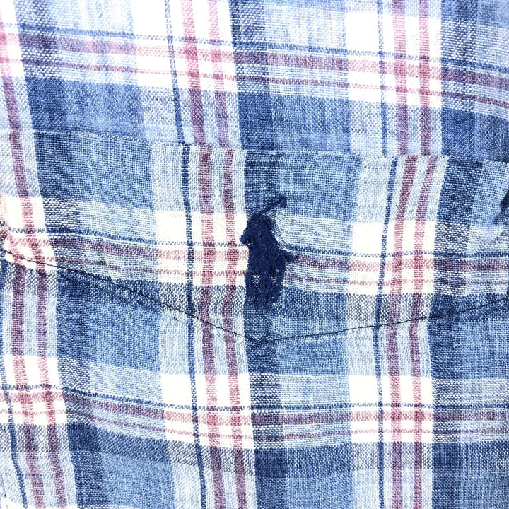 Ralph Lauren Check Pattern Short Sleeve Linen Shirt Men's XL linen blue type Vintage Second Hand