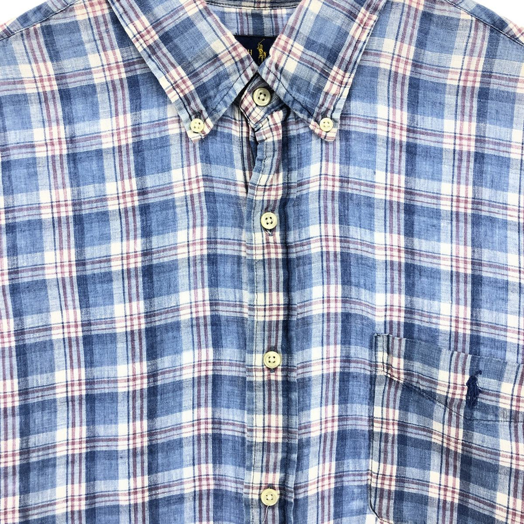 Ralph Lauren Check Pattern Short Sleeve Linen Shirt Men's XL linen blue type Vintage Second Hand