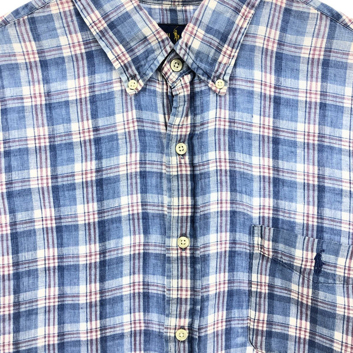 Ralph Lauren Check Pattern Short Sleeve Linen Shirt Men's XL linen blue type Vintage Second Hand