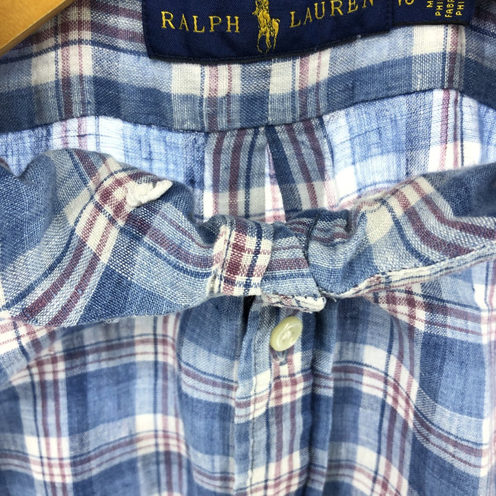 Ralph Lauren Check Pattern Short Sleeve Linen Shirt Men's XL linen blue type Vintage Second Hand