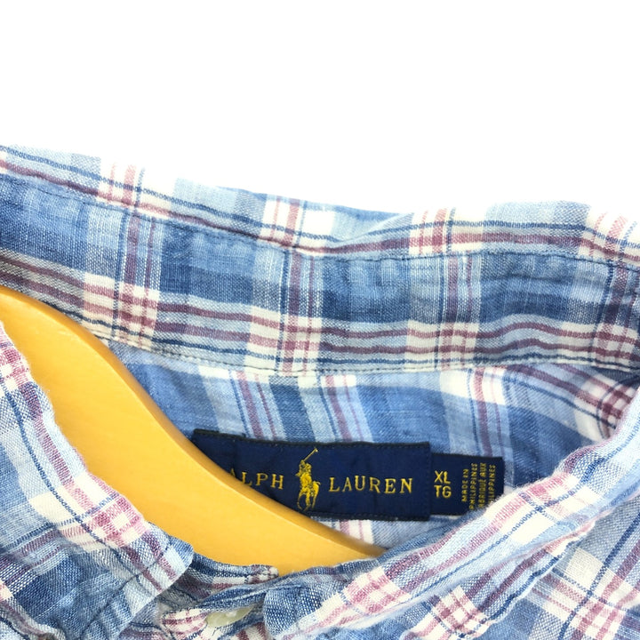 Ralph Lauren Check Pattern Short Sleeve Linen Shirt Men's XL linen blue type Vintage Second Hand