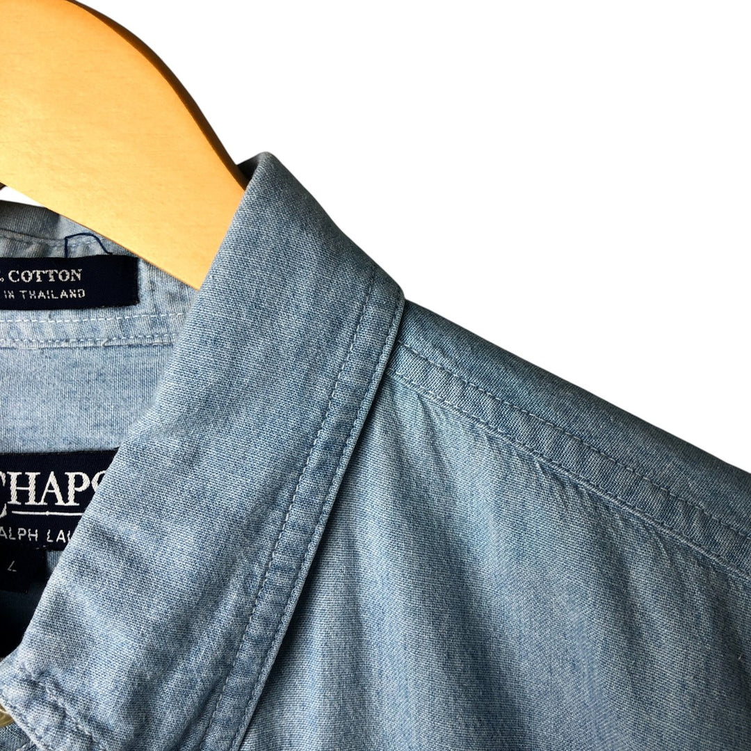90'S Ralph Lauren CHAPS Button-down short-sleeve chambray shirt, men's size L, vintage cotton Blue type light blue Vintage Second Hand