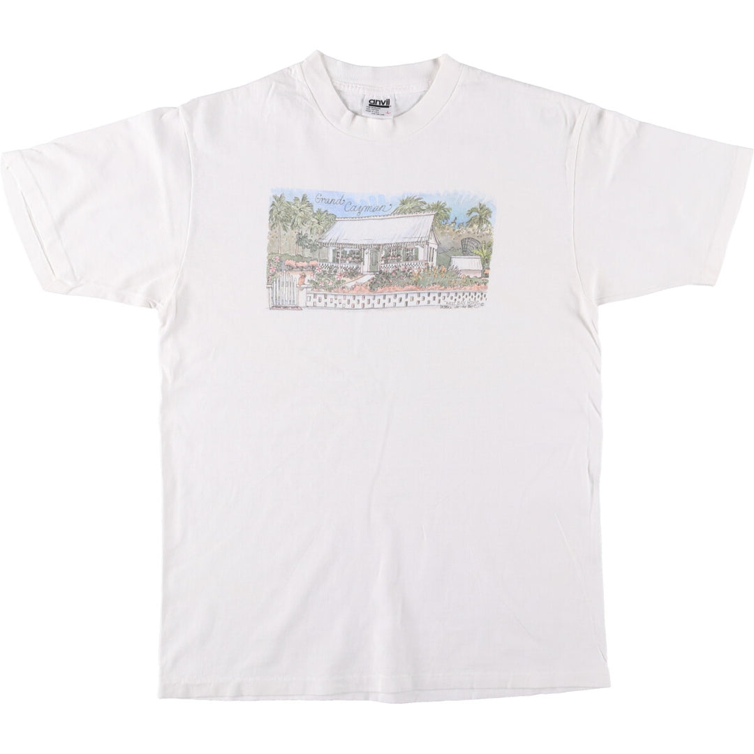 90'S Anvil Printed T-shirt, Made in USA, Men's L size, Vintage cotton white type Vintage Second Hand