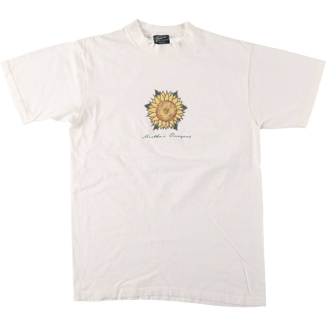 90'S FAMOUS SPORTSWEAR Sunflower Pattern Print T-shirt Made in USA Men's M Size Vintage cotton white type Vintage Second Hand
