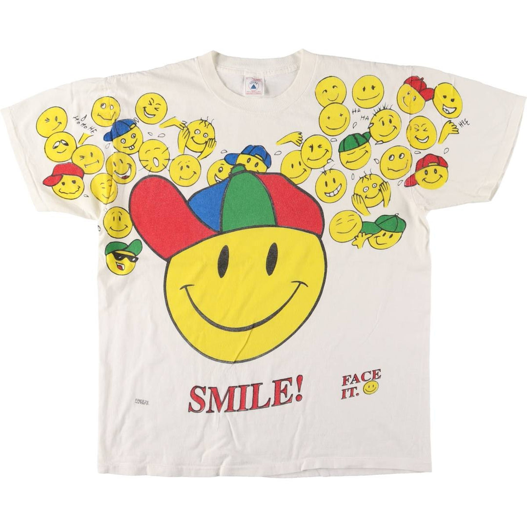Vintage 90'S Delta Smile Smiley Face Large Print T-Shirt Made in USA Men's L cotton white type Vintage Second Hand
