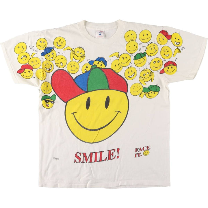 Vintage 90'S Delta Smile Smiley Face Large Print T-Shirt Made in USA Men's L cotton white type Vintage Second Hand