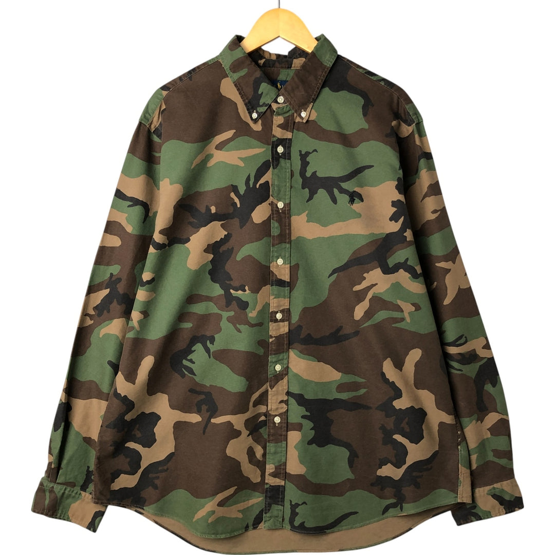 Ralph Lauren Camouflage Pattern Woodland Camo Long Sleeve Button Down Shirt Men's XXL cotton Khaki type brown Vintage Second Hand