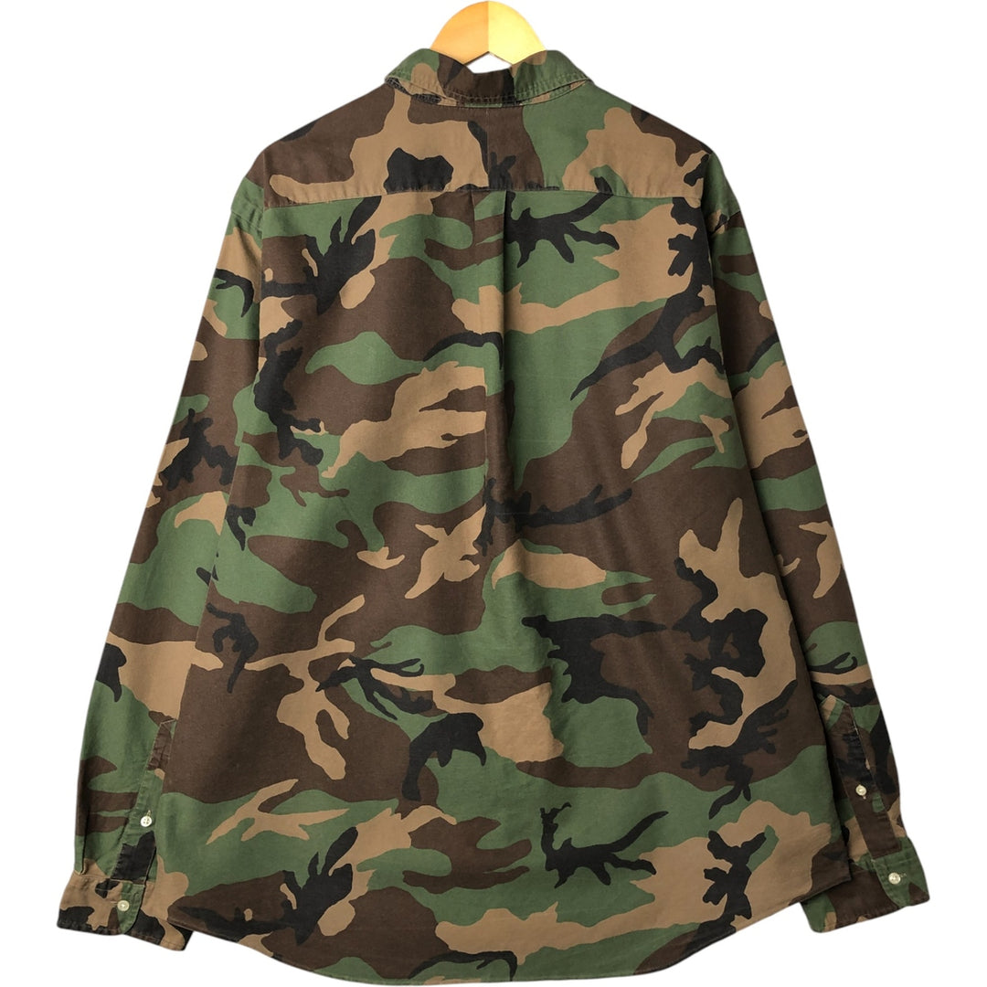 Ralph Lauren Camouflage Pattern Woodland Camo Long Sleeve Button Down Shirt Men's XXL cotton Khaki type brown Vintage Second Hand