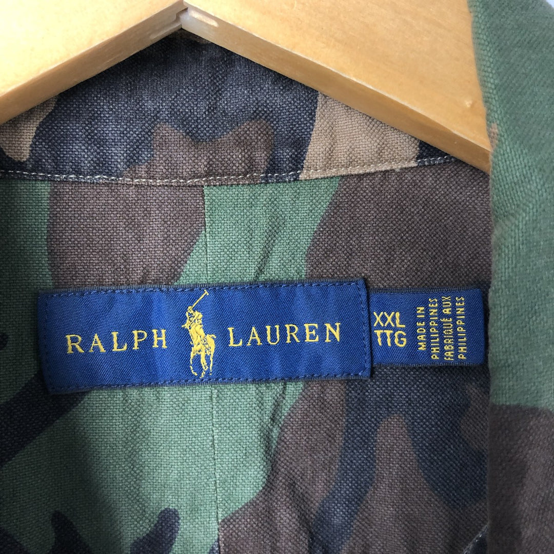 Ralph Lauren Camouflage Pattern Woodland Camo Long Sleeve Button Down Shirt Men's XXL cotton Khaki type brown Vintage Second Hand
