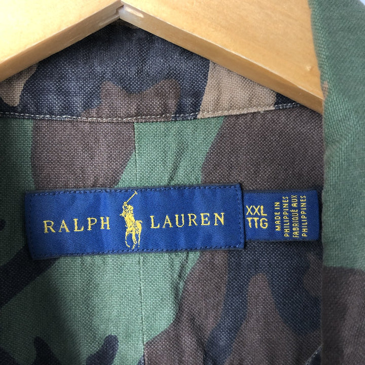 Ralph Lauren Camouflage Pattern Woodland Camo Long Sleeve Button Down Shirt Men's XXL cotton Khaki type brown Vintage Second Hand