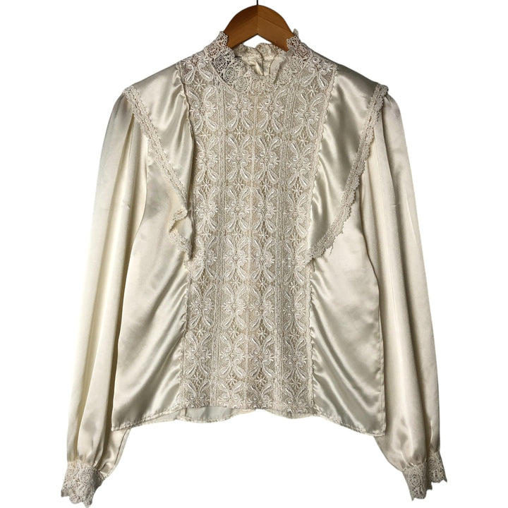 SAN ANDRE High-Neck Lace Long-Sleeve Ruffle Blouse, Made in USA, Women's Size Small polyester pale white type Vintage Second Hand