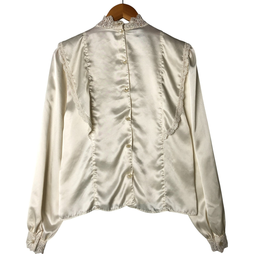 SAN ANDRE High-Neck Lace Long-Sleeve Ruffle Blouse, Made in USA, Women's Size Small polyester pale white type Vintage Second Hand
