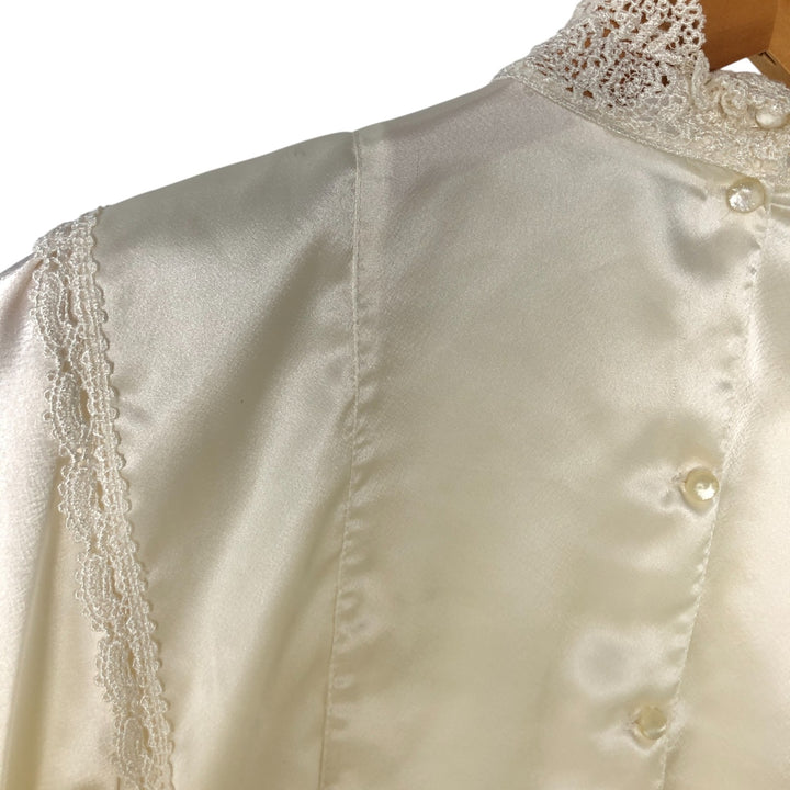 SAN ANDRE High-Neck Lace Long-Sleeve Ruffle Blouse, Made in USA, Women's Size Small polyester pale white type Vintage Second Hand