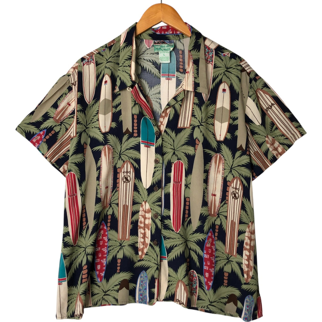 80s-90'S Reyn Spooner Diamond Head Tag All-Over Pattern Open Collar Hawaiian Aloha Shirt Women's L Size Rayon navy blue type Vintage Second Hand
