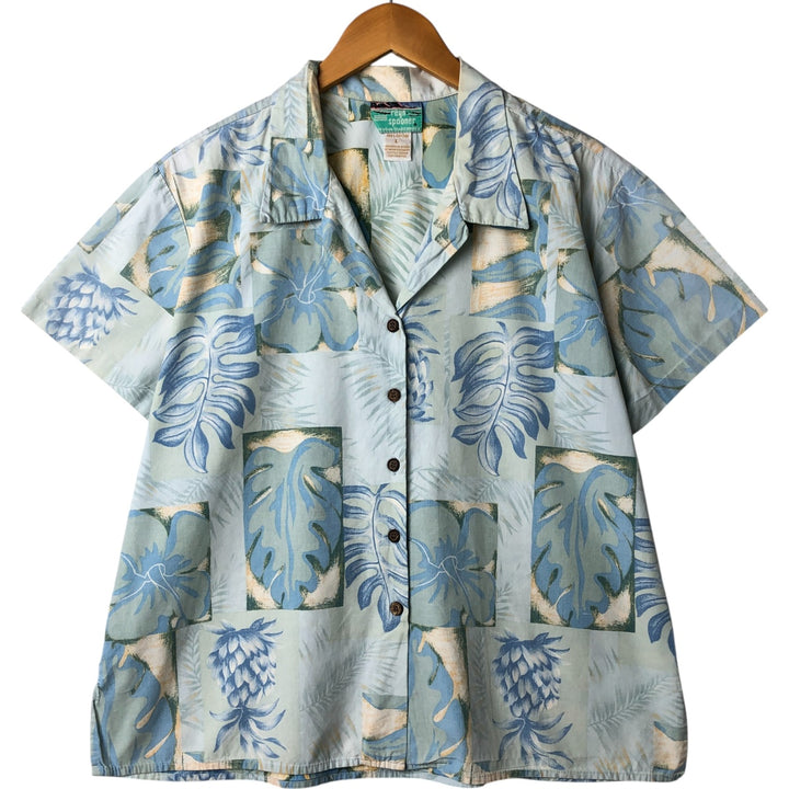 80s-90'S Reyn Spooner Diamond Head Tag All-Over Pattern Open Collar Hawaiian Aloha Shirt Women's L Size cotton Blue type light blue Vintage Second Hand