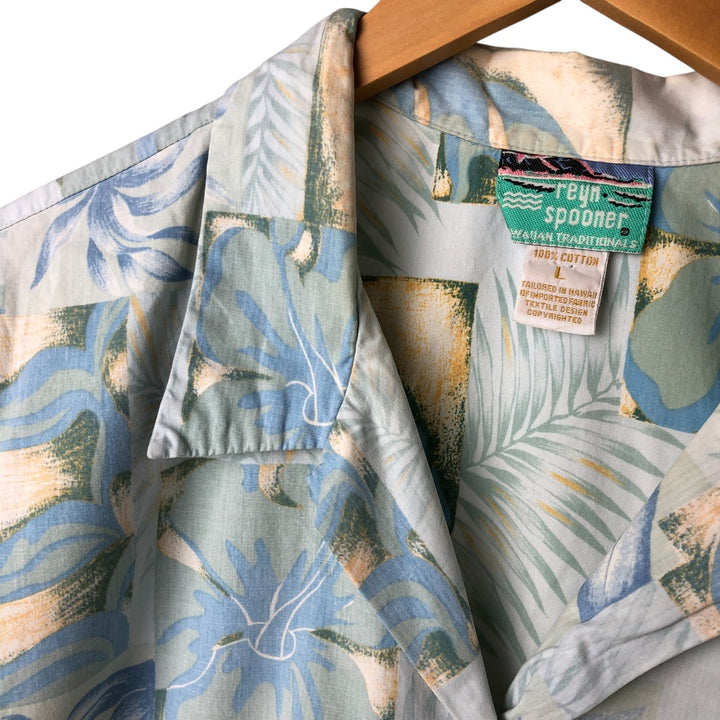 80s-90'S Reyn Spooner Diamond Head Tag All-Over Pattern Open Collar Hawaiian Aloha Shirt Women's L Size cotton Blue type light blue Vintage Second Hand